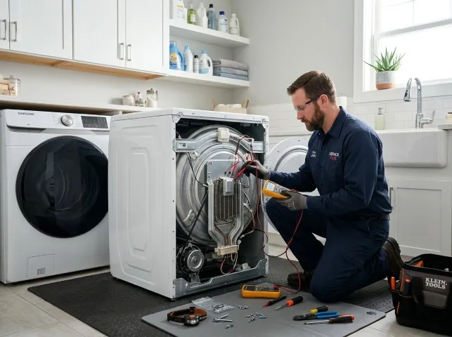 Appliance Repair Hero technician checking a dryer heating element with the rear panel off in Broadford, VA