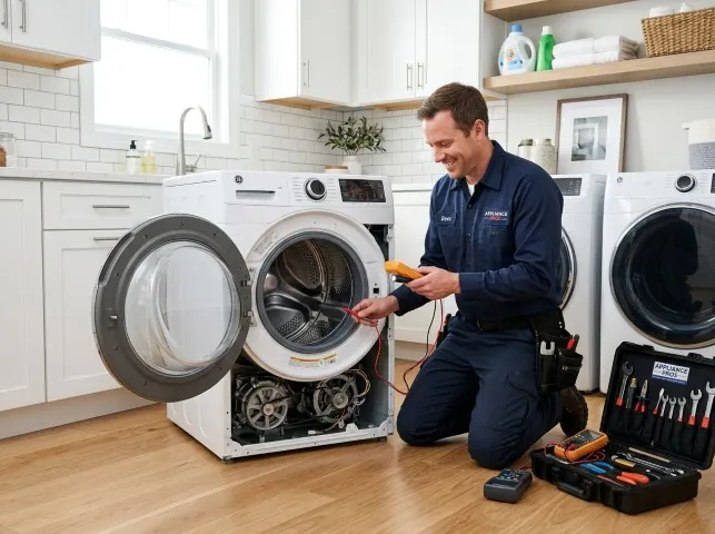 Appliance Repair Hero technician testing a front-load washer with a multimeter on a Broadford, VA service call